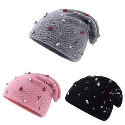 Designer Beanie Women's Handmade Rhinestone Acrylic Beanie Knitted Hat Solid Color Loose Fit Warm Ear Protection Autumn Winter
