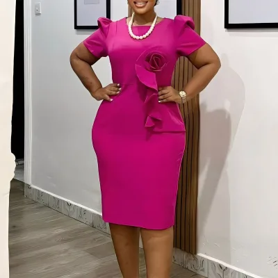 Latest Design Church Casual Elegant Hip Warp O-neck Short Sleeve African Clothing Ladies for Special Occasion Women Jersey Dress