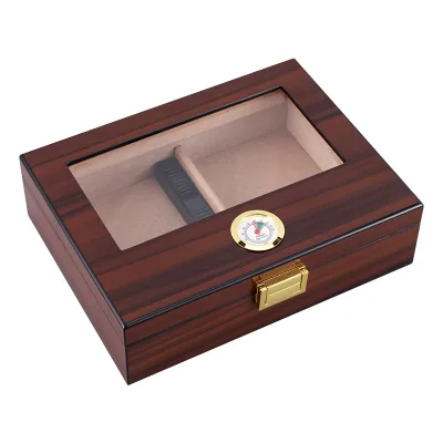 Glass Top New Ebony Wood Box Humidor Cigar with High Gloss Lacquered Hygrometer and Humidifier