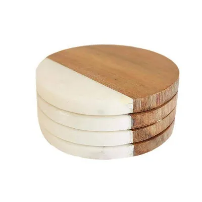 Perfect Artistic Combination of White Marble and Acacia Wood Concept Combination Novel coaster
