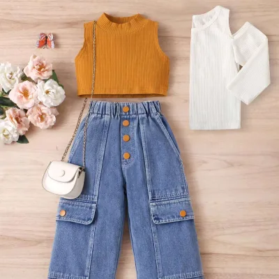 HANO New Fashion 2 Pcs Girls Clothing Sets Solid Sleeveless Knitting T-shirt + Pocket Jeans Pants Outfits for Girls