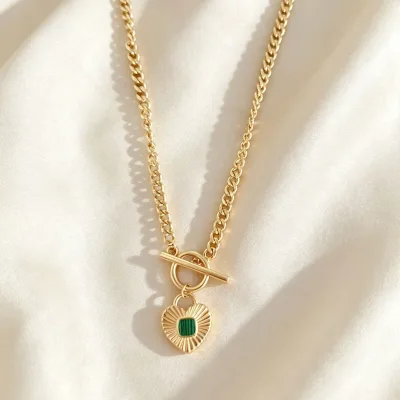 Stainless Steel Gold Plated Toggle Necklace with Fluted Heart Pendant and Emerald Green Stone Trendy Cuban Link Chain Jewelry