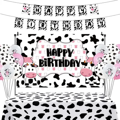 Cow Print Birthday Party Favors Kids Farm Cows Theme Banner Happy Birthday Backdrop Table Cloth Latex Balloons Set