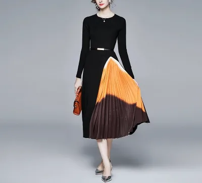 Women's Elegant Big Swing Maxi Breathable Knitted Pleated Slim Fit Casual for Summer Front One Fits All OEM Service Available
