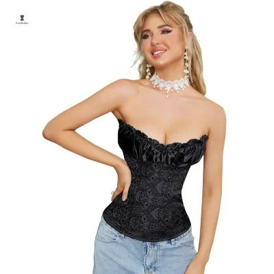 Women Gothic Corset Dress Lace up Overbust Bustier Corselet Floral Frill Off Shoulder Sleeve Corsets Top