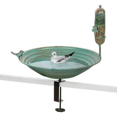 Outdoor Railing Balcony Bird Feeder Metal Fountain Deck Bird Bath Bowl with Clamp