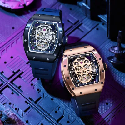 Men Tonneau Skull Skeleton Automatic Mechanical Watch Waterproof Silicone Strap Low MOQ Wristwatch