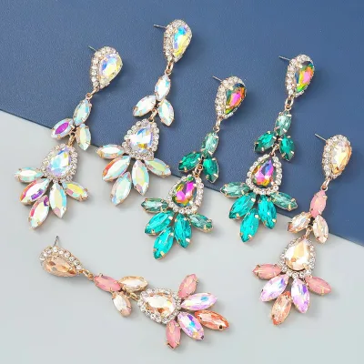 European and American fashion multi-layer acrylic alloy inlaid diamond flower long Tassel Earrings