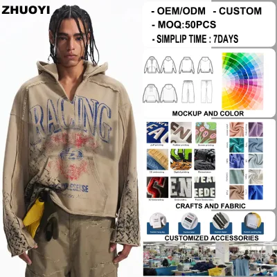 Men Heavyweight Hoodie Distressed Graphic Print Patchwork Sleeve Exposed Seam V-Neck Oversized Cropped Vintage  Top Hoodies
