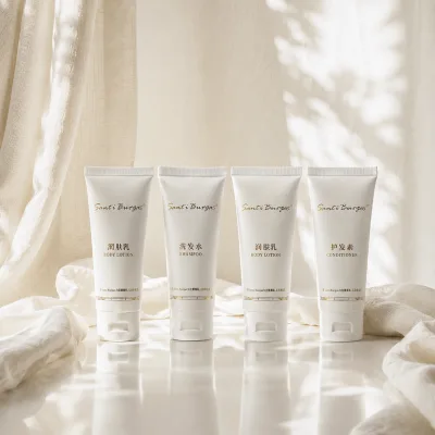 OEM Travel Size Oak & Cedar Hotel Toiletry Set with Shampoo Conditioner Body Lotion Custom Printed Squeeze Tubes for Guest Rooms