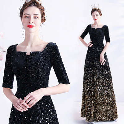 Black Dress With Square Neck Fashion Newest Evening Dress Half Sleeve Sequins Backless Fashion Newest Evening Dress