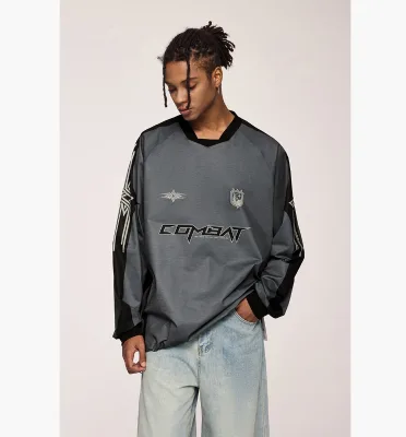 High Quality Oversized Knitted T-Shirt for Women and Men Long Sleeve Hip Hop Style with Digital Printing Top American Design