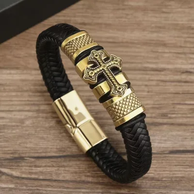 Cross-border minimalist leather woven bracelet cross men's bracelet European and American style alloy bangle jewelry