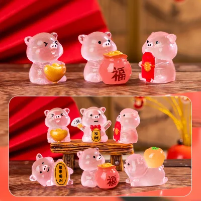 Lucky Pig Cartoon Micro Landscape Luminous Resin Ornaments Car Pendant Desktop Jewelry DIY Accessories