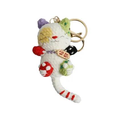 Handmade Crochet Lucky Cat Keychain Knitted Knit Knitting Animal Amigurumi Key Chain Cat Charms Crocheted Key Ring Cats Keyring