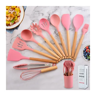 12-Piece Set Soft Silicone Kitchen Utensils Cooking Utensils Silicone Kitchen Utensil Set with Wooden Handles
