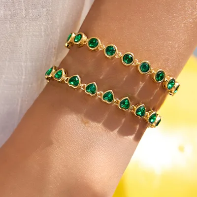 Gold PVD plated stainless steel green zircon heart tennis bracelet