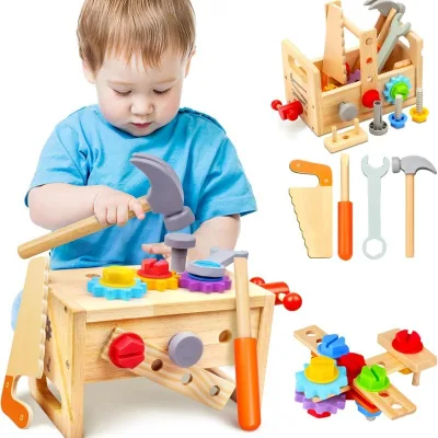 CE Children Wooden Repair Toolbox with Screwdriver & Nut Removal Portable Tool Bench Educational Toy for Baby Boys