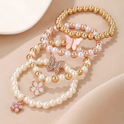 Beaded Charm Bracelets for Teen Girls Dainty Beads Pearl Bracelets anklets set Adjustable Stretch bracelet birthday Gift