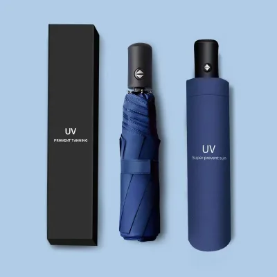 Custom Logo UV Vinyl Sunscreen UV Advertising Folding Sun Umbrella with Modern Design Box Packing for Wholesale