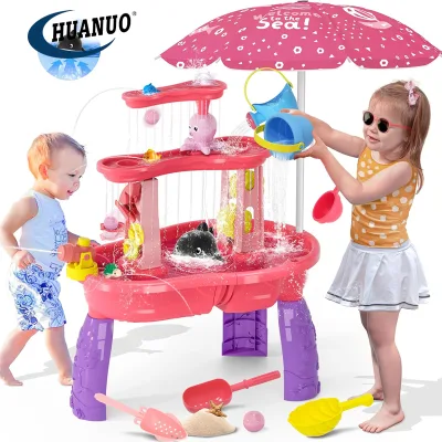 Sensory Play Table Toys 3-Tier Auto Water-Absorbing Kids Sand Water Table with Water Pump & Umbrella Splash Pond Toy Water Table