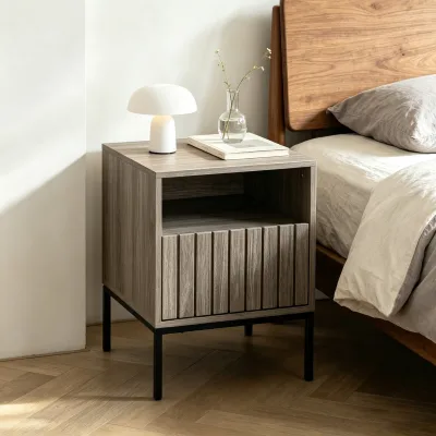 Grey Oak Fluted Nightstand with Drawer Open Storage Slim Black Metal Legs Modern Nordic Design Space-Saving for Small Bedrooms