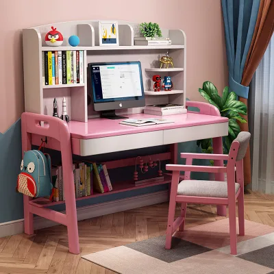 Natural Rubber Wood Kids Desk Height Adjustable Children Study Table with Storage Hutch Drawer Matching Wooden Armrest Chair Set