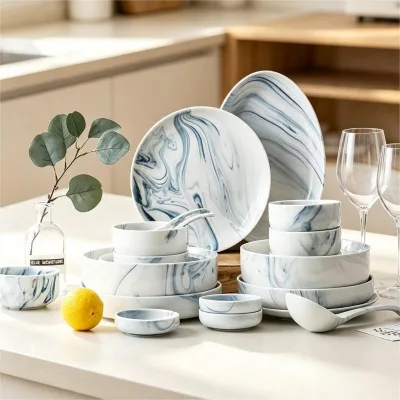 Family Use High End Matte Blue Marble Design Ceramic Dinnerware Sets Porcelain Stoneware Plates Bowl Spoon Crockery Set