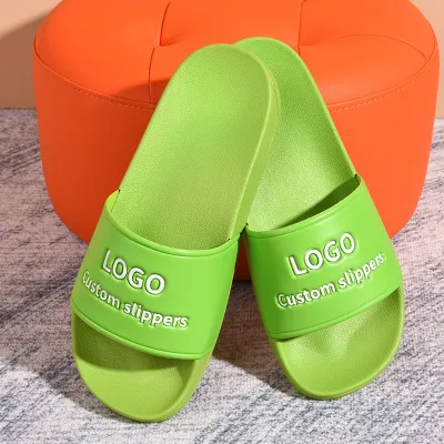 Factory OEM Summer Beach Custom Logo Home Wear Shower Slide Slippers Logo Green Color PVC Slide Slippers