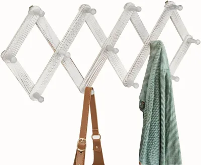 Rustic White Expandable Wall Hanger 13 Peg Hooks Accordion Style Wood Coat Rack Coats Purses Necklaces Wall Mounted Hat Rack
