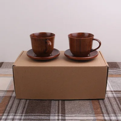 Jujube Wood Tea or Coffee Cup Plate Sets with Handle for Tea Cups & Saucers