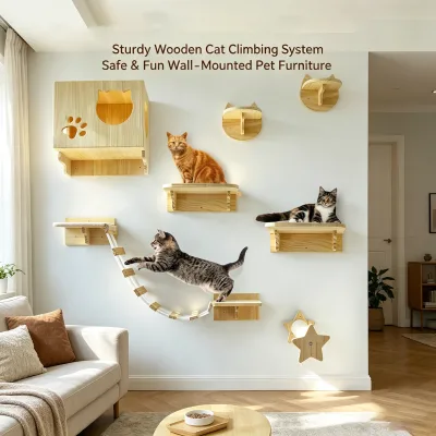 Wooden Cat Wall Furniture Set With Cat House Bridge and Scratching Post for Multi Cat Household Playground in Modern Home