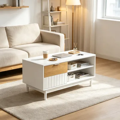 White Storage Coffee Table Wooden Drawer Fluted Cabinet Door Modern Rectangular Open Shelves Nordic Low Durable Multifunction