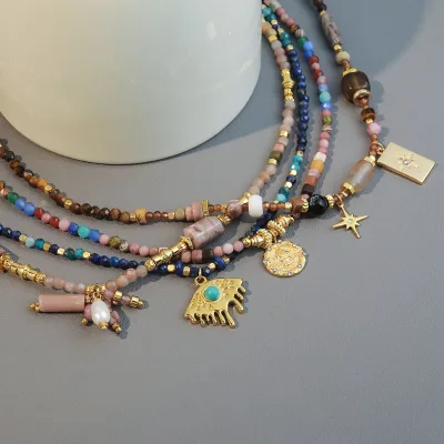 Gemstone Beaded Choker Necklace Turquoise Tiger Eye Beaded Necklace With Evil Eye Charms