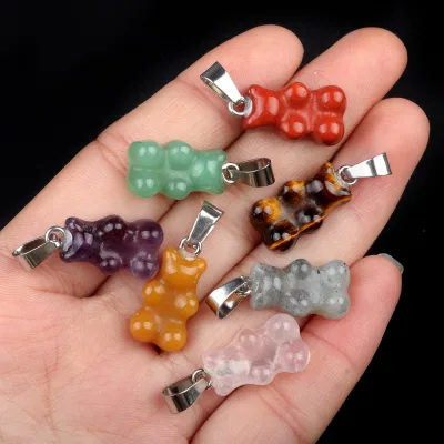 High Quality Candy Gummy Charms Colorful Natural Stones Amethyst Rose Quartz Lovely Bear Pendant for Necklace Making