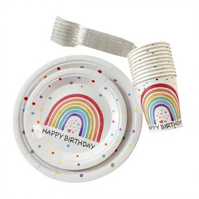 New Style Rainbow Birthday Disposable Dinner Plates & Cups/Forks with White Cardstock Lamination Custom Tablecloth & Decorations