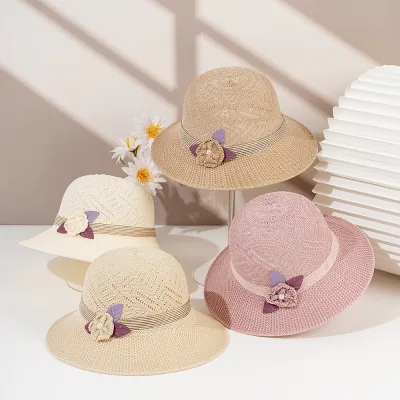 Fresh and Light Floral Ribbon Straw Hat with Grassy Top Single Color Beach Vacation Accessory for Travel