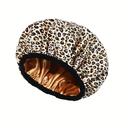 1pc Leopard Print Double Layer Women's Shower Cap Reusable Non-slip Satin Lined Hair Cap With Elastic Band Shower Accessories
