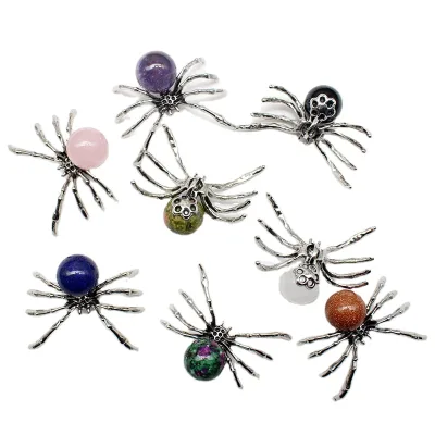 Antique Silver Spider Pendant Necklace 47x40mm Natural Crystal Tiger Eye Spherical Gemstone Decorations Wholesale Link for Gifts