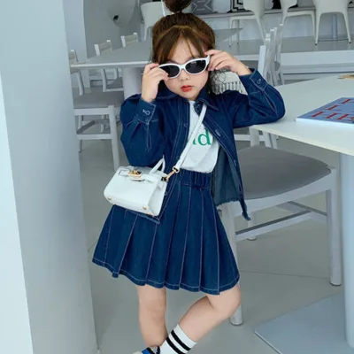 Private Label Autumn Spring Boutique Girls Kids Denim Suit Lapel Shirt and Pleated Skirt Two Piece Girls Set