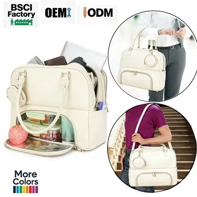 Factory Custom Waterproof Pu Leather 2 in 1 Tote Bag With Insulated Lunch Compartment Lunch Tote Bag Two-layer Work Tote Bag