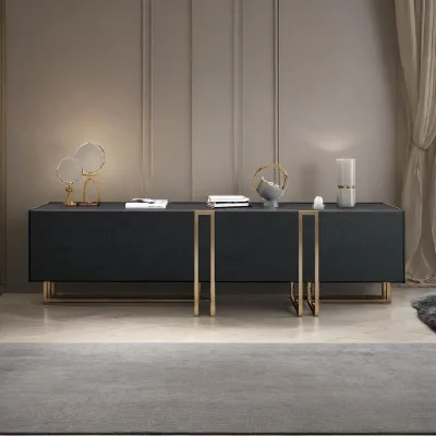 New Light Luxury Modern Living Room TV Cabinet Gold Stainless Steel Legs Black Cabinet Sideboard Console Wooden Sideboard