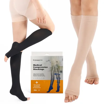 Compports Feet Swelling Knee High Open Toe 20-30mmHg Nurse Neuropathy Relief Compression Socks with Box Packing