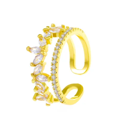 INS Fashion Gold Plated Copper With Zircon Leaf Shape Cuff Adjustable Ring for Women