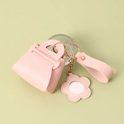 Low MOQ Wholesale Cute Mini Bag Shaped Keychain Purse for Women Pu Makeup Bag with Flower Mirror