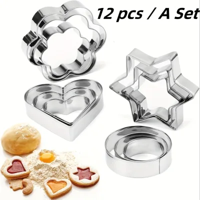 12pcs Metal Cookies Cutters Set, Star Cookie Cutter, Round/heart/flower Shaped Molds, Indoor Outdoor Baking Tools