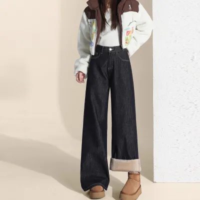 Custom Logo 100% Cotton Fashion Cargo Breathable Women's Straight Trousers Winter Fleece Wide Leg Cargo Jeans