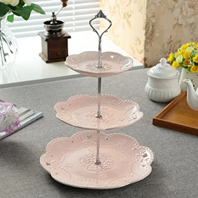 3-tier Ceramic Cake Stand/Cupcake Tower/Dessert /Pastry Serving Platter/Food Display Stand, Pink (3RP Silver)