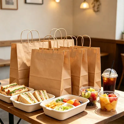 Recyclable Biodegradable Kraft Paper Lunch Bag Square Bottom Food Safe Packaging for Cafe and Bakery