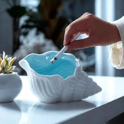 Ceramic Conch Shell Ashtray Creative Home Decor Anti-Fly Ash Storage Box Ornaments